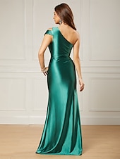 preiswerte BLAU-Meerjungfrau/Trompete Abendkleid elegantes Kleid formal bodenlang ärmellos eine Schulter Satin mit gerüschten 2025