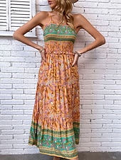 levne Boho šaty-Dámské Maxi šaty Volnočasové šaty Boho Chic šaty Boho šaty Čechy stylové Na běžné nošení Dovolená Denní Plážové Volný Grafika Bez rukávů Do V Oranžová Léto Jaro