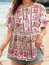 ieftine Topuri de vacanță pentru femei-Pentru femei Cămașă Bluză Floral Boemia Casual Manșon scurt În V Topuri obișnuite Zilnic Imprimeu Alb Roz Îmbujorat Bleumarin Vară Primăvară