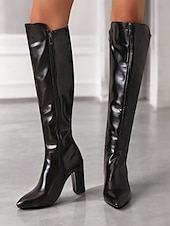 baratos Botas da moda-botas femininas pretas de couro envernizado até o joelho com saltos altos, design elegante para uso noturno moderno e ocasiões especiais