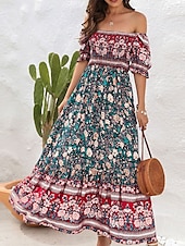 olcso Alkalmi virágos ruhák-Női Maxiruha hétköznapi ruha Boho elegáns ruhák Boho ruha Csehország aranyos stílus Stílusos Vakáció Napi Tengerpart Laza öltözet Grafika Rövid ujjú Aszimmetrikus Rubin Medence Lóhere Nyár Tavasz Ősz