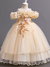 baratos Vestidos para Menina das Flores de Casamento-Vestido de Florista Comprimento Total Princesa Concurso  Performance Vestido Prom Fofo Chiffon com Laço(s) Camada Plissada Ajuste 3-16 Anos
