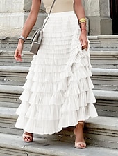 abordables Faldas de gasa-Mujer Falda Línea A Moda Casual Maxi Alta cintura Faldas Color sólido Volante Multi capa Calle Diario Blanco Fucsia Invierno Poliéster