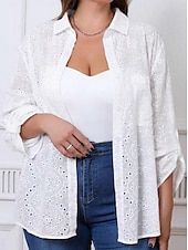 economico Top in Pizzo-Top in pizzo elegante bianco da donna blusa all&#039;uncinetto floreale top regolari maniche lunghe colletto a camicia bottoni vestibilità regolare abbigliamento quotidiano romantico top petite estivi per