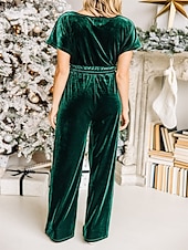 abordables combinaisons décontractées-Femme Normal Combinaison mode Couleur unie Manche Courte Col V Cordon Soirée Travail Ample Noir Vert Printemps