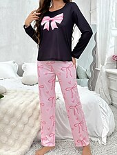 billiga Sovkläder till damer-Dam Pyjamas set Ledigt Komfort Comfrt Hjärta T-shirt Byxa Hem Långärmad Rund hals Rodnande Rosa Vår Höst Vinter