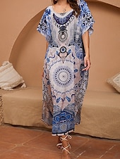 ieftine Rochii Boho-Pentru femei Normal Rochie Maxi Rochie de Vară Rochie Boho Epocă Hawaiană Vacanță Plajă Potrivire Largă Grafic Manșon scurt Stil Nautic Albastru piscină Vară