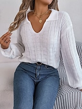 cheap Solid Colors-Women&#039;s Sweater Casual Soft Pure Color Ribbed V Neck Knitted Long Sleeve Regular Tops Knit Outdoor Daily Weekend White Orange Spring Fall