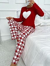 billiga Sovkläder till damer-Dam Pyjamas set Ledigt Komfort Comfrt Hjärta Rutnät / Pläd T-shirt Byxa Hem Långärmad Rund hals Rubinrött Vår Höst Vinter