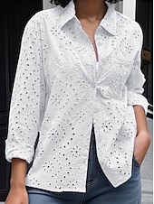 economico Top in Pizzo-Top in pizzo elegante bianco da donna blusa all&#039;uncinetto floreale top regolari maniche lunghe colletto a camicia bottoni vestibilità regolare abbigliamento quotidiano romantico top petite estivi per