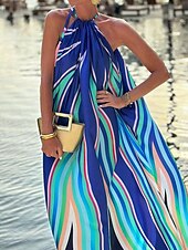 tanie Drukuj kwiatowe sukienki-Damskie Normalny Sukienka maxi Sukienki w stylu boho Bohema Plaża Regularny Graficzny Bez rękawów Kantarka Niebieski Lato