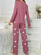 billiga Sovkläder till damer-Dam Pyjamas set Ledigt Komfort Comfrt Hjärta T-shirt Byxa Hem Långärmad Rund hals Rodnande Rosa Vår Höst Vinter
