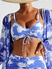 billige Bikinisett-Dame Badetøy Tre stykker Badedrakt Åpen rygg Lapper Mote Grafisk V-hals Langermet Badedrakter