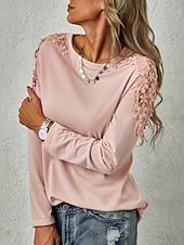 abordables Camiseta lisa-Mujer Camisa Blusa Color sólido Básico Casual Manga Larga Cuello Barco Tops regulares Diario Encaje Retazos Rosa Morado Gris Otoño Invierno