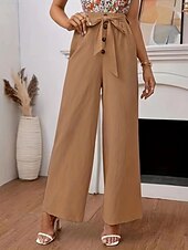 cheap Plain Cotton Linen Pant-Women&#039;s Wide Leg Cotton Linen Pants Chinos Classic Style Full Length High Waist Plain Elastic Waistband Comfy Soft Comfortable Micro-elastic Outdoor Street Black Khaki Summer Fall Regular Fit
