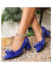 levne Block Heels-dámské elegantní levandulové lodičky z lakované umělé kůže – špicovité podpatky s mašličkovým designem, ideální do kanceláře, na večírky a formální příležitosti