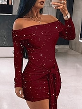 olcso Bodycon Club Dresses-női bodycon sima nyakkendő elöl flitterek vállról mini ruha szexi napi hosszú ujjú ősz