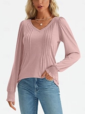cheap Plain tee-Women&#039;s Shirt Blouse Solid Color Basic Casual Long Sleeve V Neck Regular Tops Daily Ruched Smocked Pink Blue Green Summer Spring