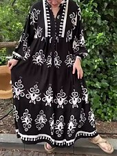 cheap Boho Dress-Women&#039;s Maxi Dress Casual Dress Swing Dress Boho Dress Vintage Ethnic Casual Vacation Daily Regular Fit Floral Long Sleeve Notched Neck Black White Spring Fall