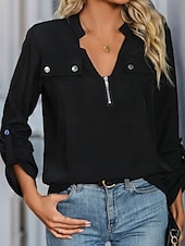 economico Top Semplici da Donna-Per donna Camicia Tinta unica Elegante Moda Informale Manica lunga A V Da mare Feste Giornaliero Nero Primavera Autunno