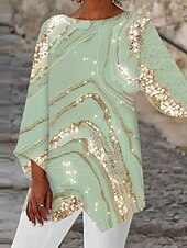 billiga Kvinnors Konst &amp; Design Toppar-Kvinnors Blus Lång Ärmar Asymmetrisk Söm Chiffon Grundläggande Abstrakt Tryck Lång Topp Rund Nack Avslappnad Semester Gul Ljusgrön Vår Höst