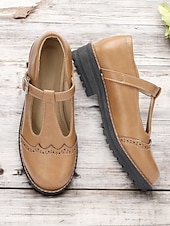 abordables Années 1950-chaussures Mary Jane en similicuir marron clair pour femmes avec bride en T et détails brogue, semelle robuste pour un port quotidien confortable et des tenues de style vintage