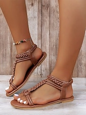 billiga Semester Sandaler-bruna flätade platta sandaler med t-rem för kvinnor med elastiskt ankelband - sommarskor i boho-stil för strand- och fritidskläder