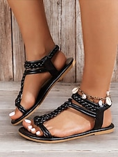 billiga Semester Sandaler-bruna flätade platta sandaler med t-rem för kvinnor med elastiskt ankelband - sommarskor i boho-stil för strand- och fritidskläder