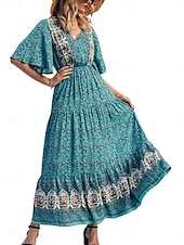 levne Boho šaty-Dámské Maxi šaty Volnočasové šaty Swingové šaty Áčkové šaty Boho šaty Na běžné nošení Denní Běžný Květinový Poloviční rukáv Do V Žlutá Rubínově červená Vodní modrá Léto Jaro Podzim