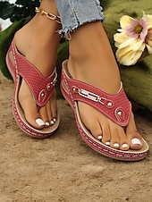 cheap Casual Sandals-Women&#039;s Red Perforated Flip-Flop Sandals with Rhinestone Decoration Comfortable Summer Shoes for Casual Wear and Beach Outings