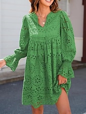 economico Abiti floreali-Per donna Abito casual Mini abito Cotone Con ricami Da mare Spiaggia Informale A V Manica lunga Manica a sbuffo Bianco Verde Colore