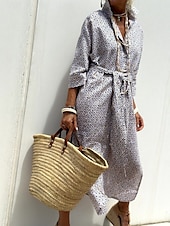 levne Boho šaty-Dámské Maxi šaty Volnočasové šaty Swingové šaty Boho šaty Na běžné nošení Denní Běžný Geometrický 3/4 délka rukávu Košilový límec Rubínově červená Šedá Léto Jaro Podzim