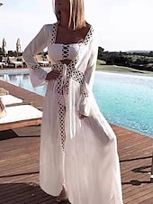 abordables Robes de plage-Robes de plage femme couvrant maillots de bain en dentelle patchwork Vêtements de plage de vacances Couleur unie à manches longues