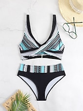 preiswerte Bikini-Sets-Damen Badeanzug Bikinis 2 Stück Cheeky-Bikinihose Bademode Rückenfrei Schlank Urlaub Strandbekleidung Farbblock V Ausschnitt Ärmellos Badeanzüge
