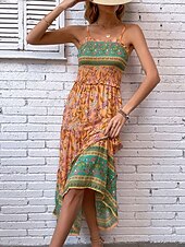 levne Boho šaty-Dámské Maxi šaty Volnočasové šaty Boho Chic šaty Boho šaty Čechy stylové Na běžné nošení Dovolená Denní Plážové Volný Grafika Bez rukávů Do V Oranžová Léto Jaro