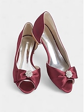 abordables Semi-formel-ballerines à bout ouvert en satin bordeaux pour femmes avec nœud et ornements en strass – chaussures de mariage élégantes pour les occasions nuptiales et formelles