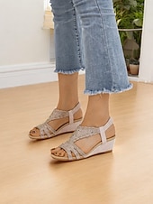 cheap Vacation Sandals-Women&#039;s Bohemian Rhinestone Wedge Sandals – Sparkly Elastic Strap Open-Toe Shoes for Summer, Beach, Casual &amp; Evening Wear