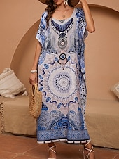 ieftine Rochii Boho-Pentru femei Normal Rochie Maxi Rochie de Vară Rochie Boho Epocă Hawaiană Vacanță Plajă Potrivire Largă Grafic Manșon scurt Stil Nautic Albastru piscină Vară