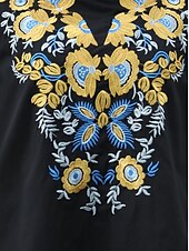 preiswerte Boho Tops-Damen Hemd Feste Farbe Blumen Brautkleider schlicht Boho 3/4 Ärmel Ellbogenlange Ärmel Rundhalsausschnitt Normale Oberteile Urlaub Party Täglich Bestickt Schwarz Herbst Frühling Sommer