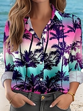 cheap Hawaiian Tops-Women&#039;s Shirt Hawaiian Casual Ombre Regular Tops Long Sleeve Shirt Collar Buttons Print Regular Fit Work Daily Purple Summer Holiday Clothes Beach Wear