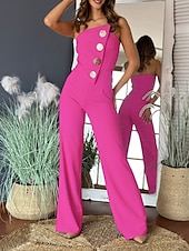 cheap Jumpsuits-Women&#039;s Normal Jumpsuit Elegant Solid Color Sleeveless Wide Leg Strapless Buttons Daily Regular Fit Black White Red Summer