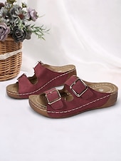 cheap Vacation Sandals-Women&#039;s Dark Blue Double Buckle Slip-On Sandals with Cushioned Sole, Casual Summer Shoes for Beach and Everyday Wear