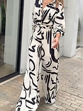 billiga festoveraller-Dam Vanligt Jumpsuits Stylish Geometrisk Långärmad Tröjkrage Bältade Semester Fest Lös passning Vit Vår
