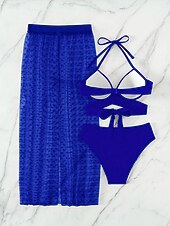 preiswerte 3-teiliges Bikini-Set-Damen Badeanzug Bikinis Drei Stück Rock Bademode Rückenfrei Schlank Urlaub Strandbekleidung Feste Farbe Halfterhals Ärmellos Badeanzüge