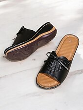 cheap Vacation Sandals-Women&#039;s Brown Open-Toe Slide Sandals with Woven Pattern and Bow Detail - Comfortable Casual Footwear for Summer and Daily Wear