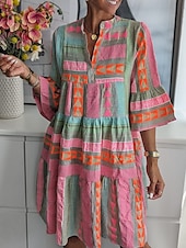 billiga Casual blommiga klänningar-Dam Mini klänning Vardagsklänning Boho-klänning Stylish Ledigt Semester Dagligen Normal Geometrisk 3/4 ärm V-hals Rodnande Rosa Vår Höst