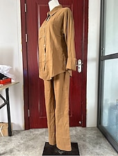 ieftine Seturi-Pentru femei Zilnic Cămașă Seturi inspirate de in Seturi din două piese Pantaloni cu picioare largi Pantaloni Manșon Lung Guler Cămașă Culoare solidă Peteci În aer liber Mov Kaki Bej Primăvară