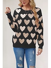 billige Solide farger-kvinners valentin rosa hjertegenser genser elegant ensfarget v-hals strikket lange ermer vanlige topper strikket mote streetwear utendørs daglig helg svart rosa høst vinter