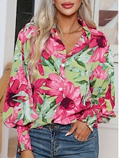 economico Top da Vacanza per Donne-Camicie hawaiane da donna Bluse Quotidiana Casual Grafica Floreale Top Regolari a maniche lunghe Camicia a maniche Lantern Collo Pulsanti Vestibilità Larga Quotidiana Vacanza Blu Rosa Rosa Estate