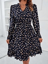 preiswerte Lässige Blumenkleider-Damen Normal Midikleid Chiffon-Kleid Elegant Vintage Täglich Verabredung Regular Fit Blumen Graphic Langarm V Ausschnitt Schwarz Marineblau Blau Frühling Herbst